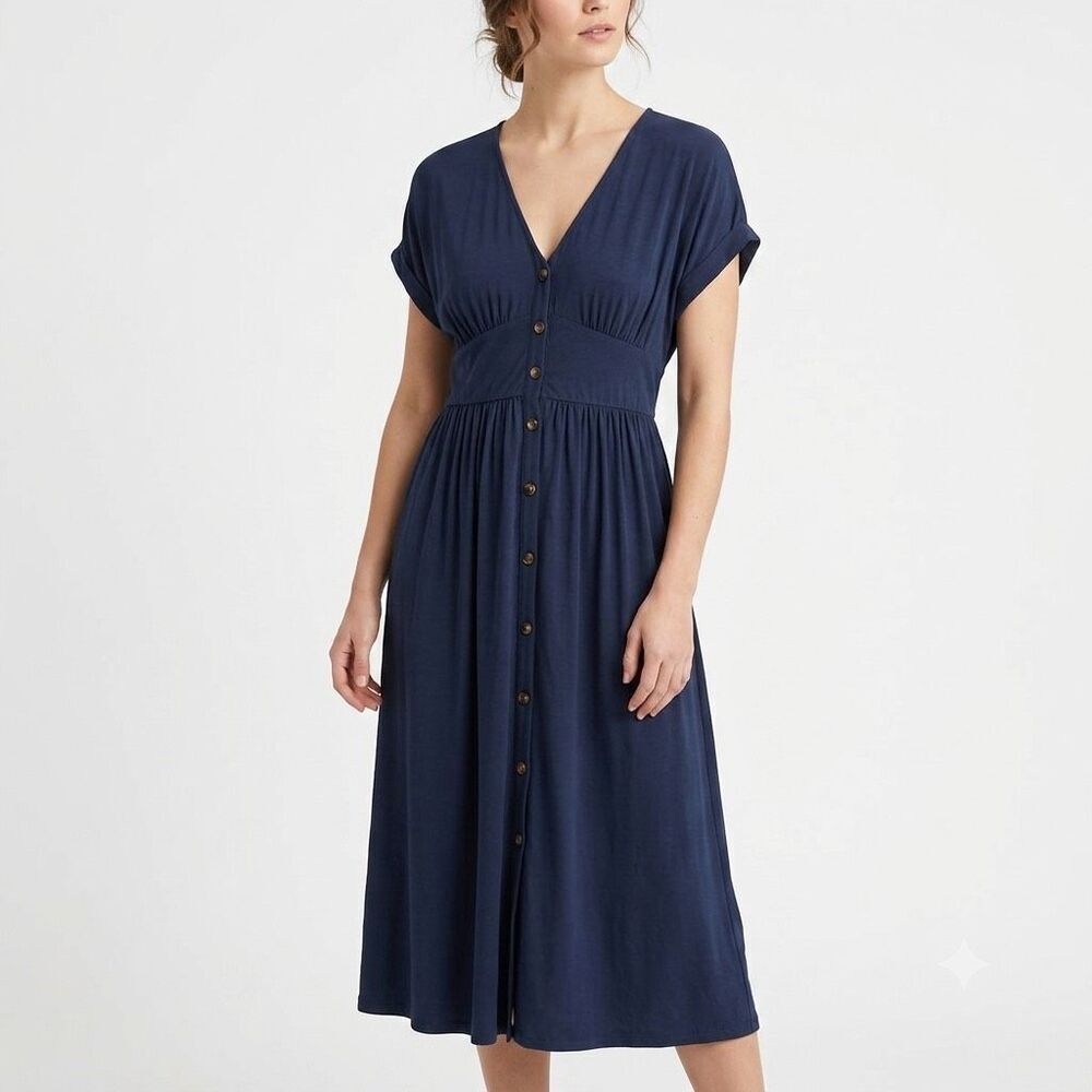LOFT Navy Blue Midi Dress Sz 0 Button Front V-Neck Short Sleeve Casual